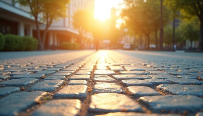 Aufkleber - Sunlit stone pavement plaza with geometric design. Sunlight illuminates urban exterior construction. Pathway surface texture with grey, beige brown color tones. Summer daylight background. Natural