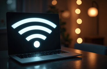 Aufkleber - Modern laptop glowing wi-fi symbol screen in low light. Wireless connection, mobile access, fast internet, online communication. Business tech, home convenience, digital innovation, modern urban