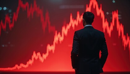 Poster - Businessman observes stock market decline. Red graph represents financial crisis. Economic recession, falling market, financial losses. Investor, trader faces economic downturn. Business, investment,