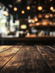 Poster - Dark wooden table in blurred restaurant background.