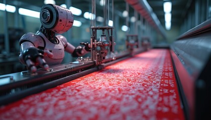 Poster - Robot weaver produces intricate red fabric with complex white pattern. AI robot works in automated weaving mill, tech, high-tech machinery. Futuristic innovation, cutting-edge textile design.
