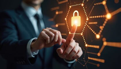 Poster - Businessman touching digital data protection padlock icon. Concept of cybersecurity data privacy. Business man uses modern tech digital interface network data access protection.