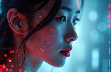 Fototapete - Asian woman face with glowing digital network data visualization overlay. Red digital matrix with code, futuristic AI technology, cyberspace, innovation, concept.