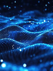 Poster - Abstract blue digital wave background with glowing particles.