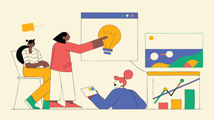 Creative business team with new idea lightbulb collaboration demonstrating growth and success with data and chart illustrations