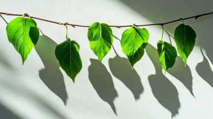 Poster - Green Leaves Cast Shadows on a Wall in Soft Light During the Afternoon, Showcasing Natural Beauty and Texture in a Serene Environment