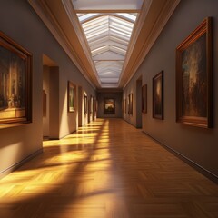 Poster - Sunlit Gallery Corridor Showcasing Classic Artworks With Golden Light Illuminating Wooden Floors During a Peaceful Afternoon