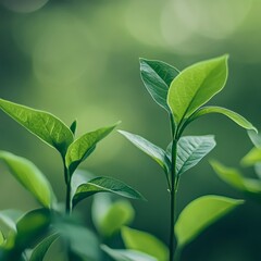 Poster - New Green Leaves Basking in Soft Sunlight During a Tranquil Morning in a Lush Garden Creating a Peaceful Ambiance for Nature Enthusiasts