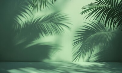 Poster - Shadows of Lush Palm Leaves Create an Ethereal Atmosphere in a Softly Lit Green Setting, Reminiscent of Tropical Serenity