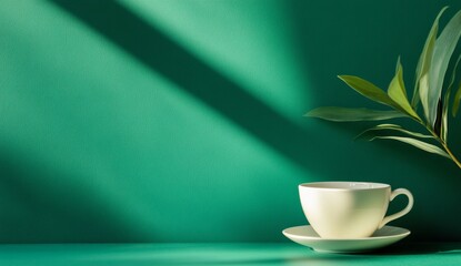 Poster - Light Filters Through Shadows Onto a Green Surface Featuring a Light-Colored Cup and a Sprig of Leaves in an Artistic Arrangement