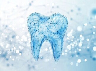 Poster - 3D illustration of a tooth formed by blue digital connections on a light background with bokeh, symbolizing modern dental technology and AI innovation.
