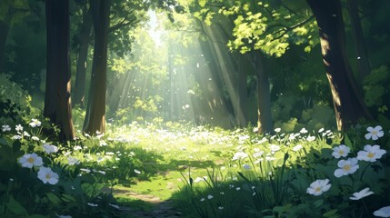 Poster - Sunlight Filters Through the Trees in a Peaceful Forest Clearing Filled With Blooming Wildflowers During the Early Morning Hours
