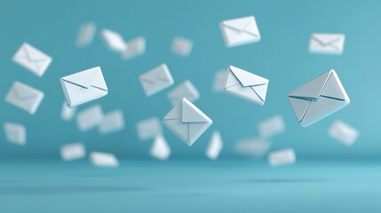 Aufkleber - Floating Envelopes Create a Vibrant Display Against a Solid Blue Background, Symbolizing Communication and Digital Connections in a Modern World