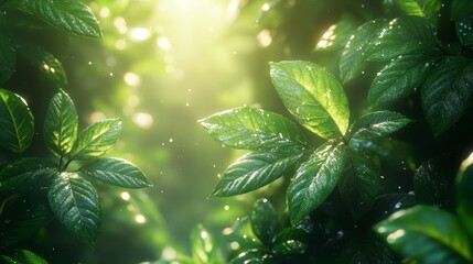 Poster - Lush Green Leaves Glistening With Morning Dew in a Sunlit Forest, Showcasing Nature's Vibrant Beauty and Tranquility