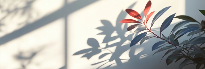 Poster - Soft Sunlight Casts Intricate Shadows From a Plant Onto a Wall, Creating a Serene and Calming Atmosphere in a Bright Indoor Space