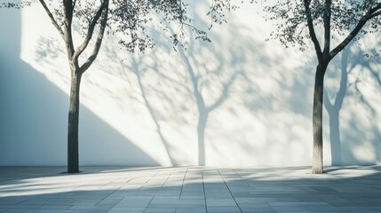 Poster - Shadows of Trees Cast Against a Sleek White Wall Create a Striking Contrast in an Urban Outdoor Space During Midday Light
