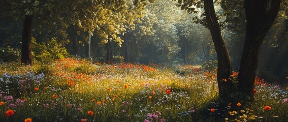Poster - Colorful Wildflowers Bloom in a Serene Woodland Clearing, Revealing Vibrant Hues and Lush Greenery Under Soft Sunlight in Early Spring