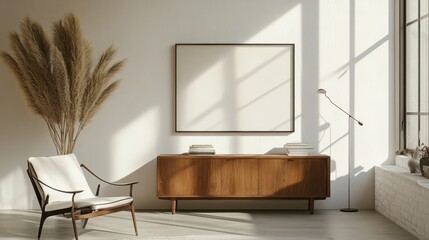 Poster - Elegant and Minimalist Interior Design Featuring a Stylish Armchair and Wooden Sideboard With Natural Light Illuminating the Space