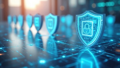 Poster - Cybersecurity concept. Digital protection online environment. Futuristic shield with lock, represents secure digital network, data protection, safe access. Protection against cyber threats, data