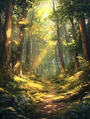 Poster - Sunlight Filters Through the Trees in a Serene Forest Path During the Late Afternoon, Creating a Tranquil Atmosphere for Nature Enthusiasts