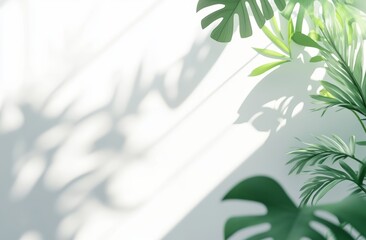 Poster - Sunlight Creates Intricate Shadows From Lush Green Leaves Against a Soft White Wall in a Tranquil Indoor Space During the Morning Hours