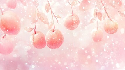 Poster - Delicate Pink Fruits Hanging Gracefully Against a Soft Pastel Background, Evoking a Sense of Tranquility and Natural Beauty in a Serene Setting