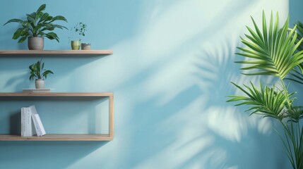 Poster - Modern Interior With Green Plants on Shelves and Soft Natural Light Illuminating a Serene Blue Wall in a Cozy Living Space