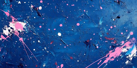 Aufkleber - Bright Splashes of Pink and White Paint Create an Abstract Artwork on a Deep Blue Canvas in a Modern Studio Setting