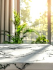 Poster - Empty marble table in modern kitchen. Sunny morning light streams through window. Blurred green plants, kitchen decor in background. Tranquil, relaxing home setting. Stylish minimalist interior