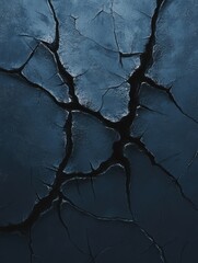 Poster - digital illustration of a dark, cracked surface with intricate black fissures against a muted blue b