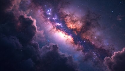 Wall Mural - Illustration vibrant night sky, Milky Way galaxy, celestial clouds. Universe background. Space nebula stars glow. Fantasy art, science fiction themes. Use for wallpapers, book covers, posters, tech