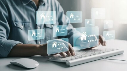 Poster - Person typing on keyboard with house rating icons displayed above a white mouse on a white desk