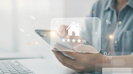 Poster - Person using smartphone with house icon and star rating overlay on a bright background scene indoors