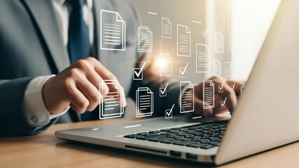 Poster - Man in suit using laptop with document checklist icons floating above the keyboard on a desk