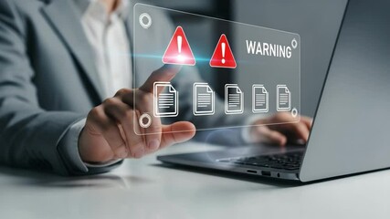 Poster - Person interacting with warning interface on laptop screen with document icons shown clearly