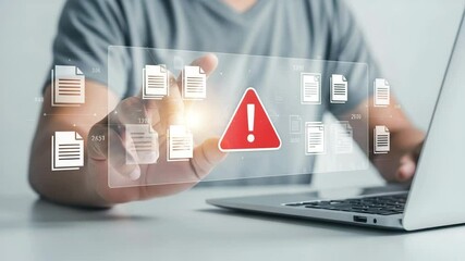 Poster - Person using laptop with digital document icons and red warning sign hovering over the screen display
