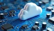 © Viktor - Cloud computing concept. White cloud on blue circuit board. Tech data storage, server network, security. Digital, virtual, online access. Cloud computing technology solutions. Business innovation.