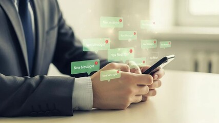 Poster - Man in suit holding smartphone with new message notifications popping up all around him indoors
