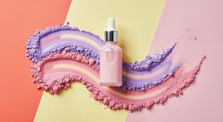 Fototapete - Pink cosmetic bottle lying on colorful pastel powder on multicolored background