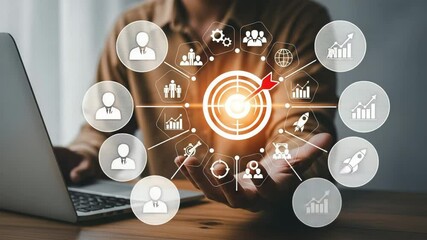 Poster - Person using laptop with target and business icons hovering over hand in digital illustration
