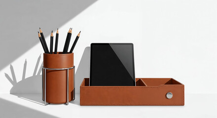 Poster - Tablet, pencils and leather desk organizer creating modern workspace