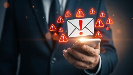 Poster - Man in suit holding phone with email icon and exclamation point surrounded by warning symbols