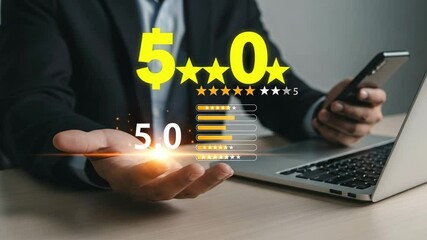 Aufkleber - Man in suit holding phone with laptop and rating bars with stars on screen with number fifty