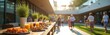 © Viktor - Outdoor corporate event with buffet table drinks snacks. Modern architectural setting, blurred people in background. Socializing networking, city life. Catering services, business meetings.