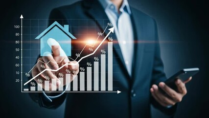 Poster - Man in suit interacting with house icon and upward trending graph with percentages overlayed