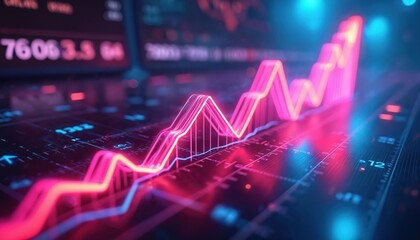 Poster - Futuristic neon financial growth chart. Business metrics, market trends depicted in bright neon colours. Upward trend, data visualization, increase in revenue, performance. Finance tech, investment,