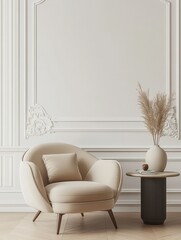 Poster - Modern interior design of a minimalist living room with a beige armchair and side table against a white wall with a decorative molding panel, 3D rendering illustration, HD, realistic.