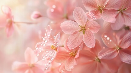 Poster - Delicate Pink Flowers with Dewdrops on Soft Pink Background