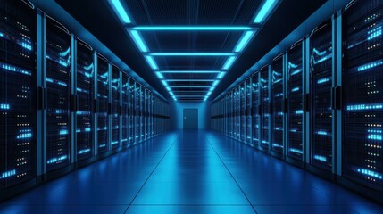 Poster - Data center servers illuminate blue floor, network infrastructure, technology