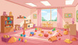 © rsvect02 - Kindergarten or preschool activities. Сhildren playing with cars, drawing and make crafts. Cartoon bundle, vector illustration. Modern room with furniture, sunlight from window.